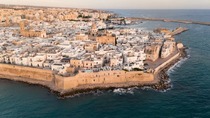 Aerial view of Monopoli old town at sunrise, Puglia