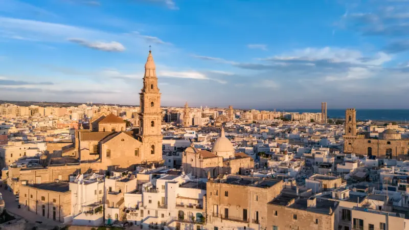 Aerial view of Monopoli old town at sunrise, Puglia